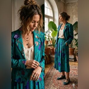 VINTAGE Umi Collections by Anne Crimmins Silk Sequin Floral Blazer & Skirt | S/M